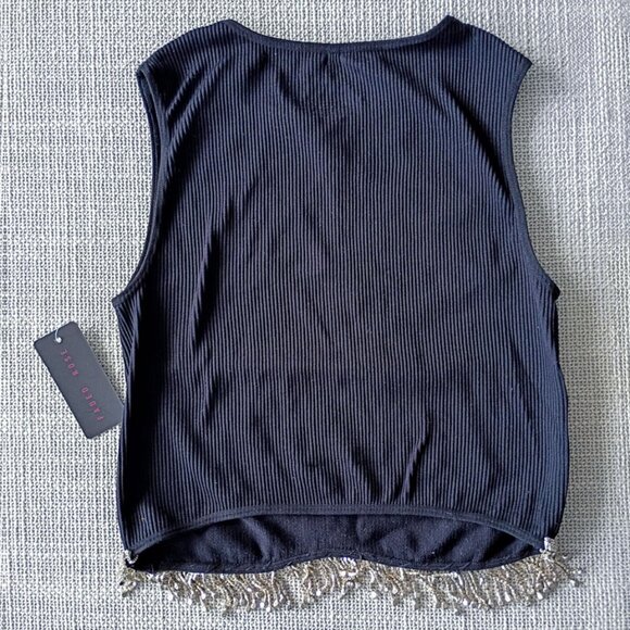 Faded Rose Black Ribbed Tank Top with shiny Crystals Fringe Hem | Size XL - Picture 4 of 4